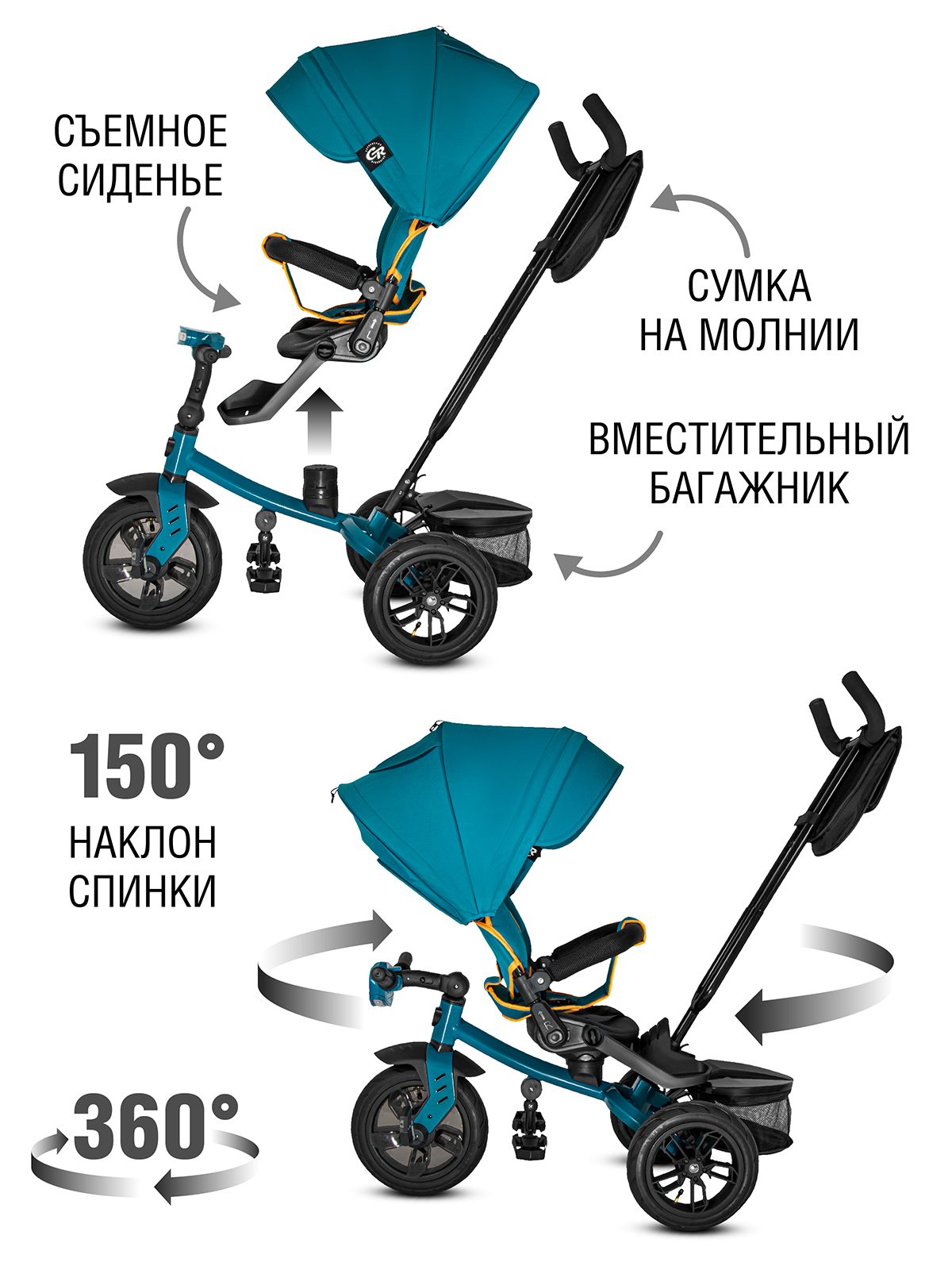 Велосипед-коляска детский трехколесный CITYRIDE Lunar 2.0 колеса 12/10 бирюза - фото 2