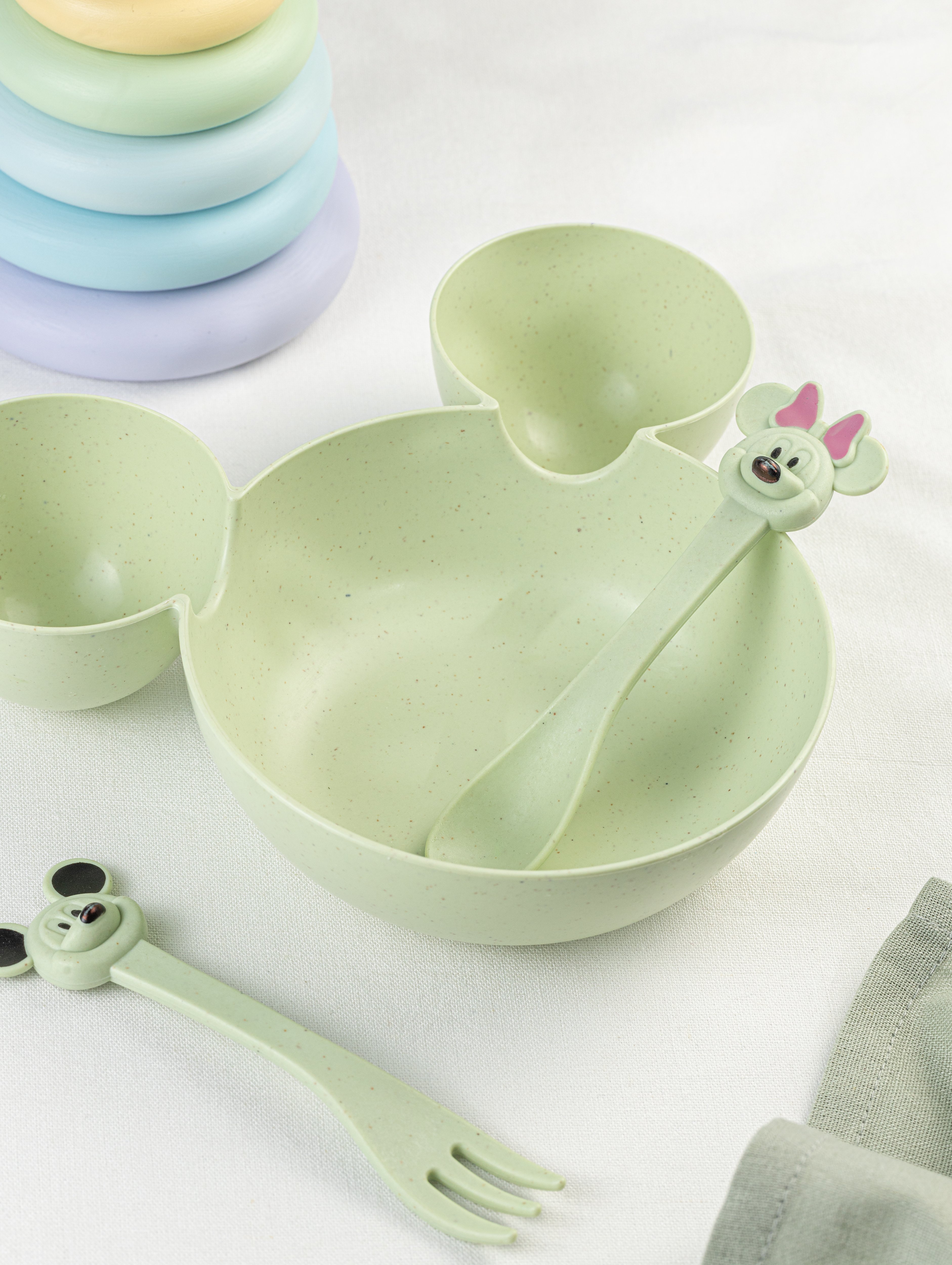 Набор детской посуды Добрый Филин Детская тарелка вилка ложка Мышонок зеленый 3 предмета - фото 6
