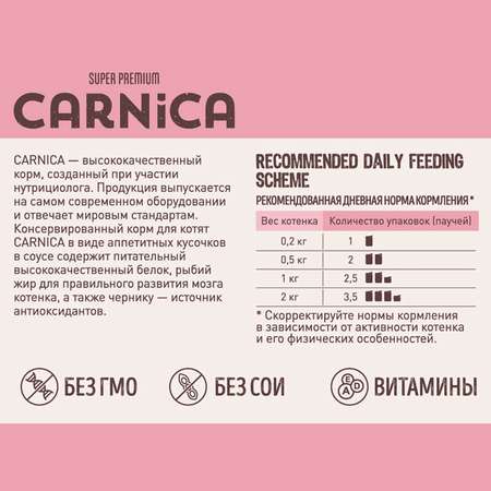 Корм для котят Carnica 85г мясное ассорти кусочки в соусе консервированный