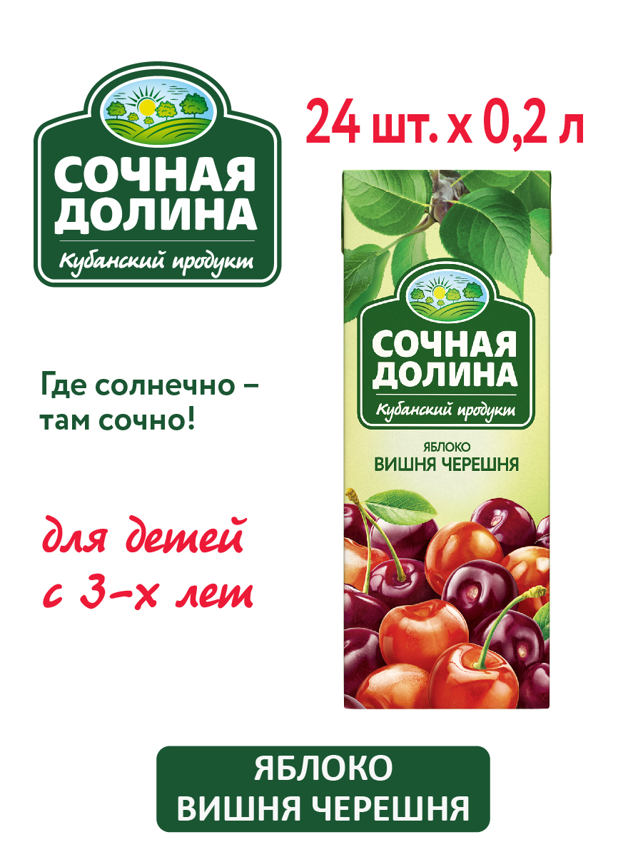 Сокосодержащий напиток Сочная Долина Яблоко Вишня Черешня 200 мл х 24 шт.