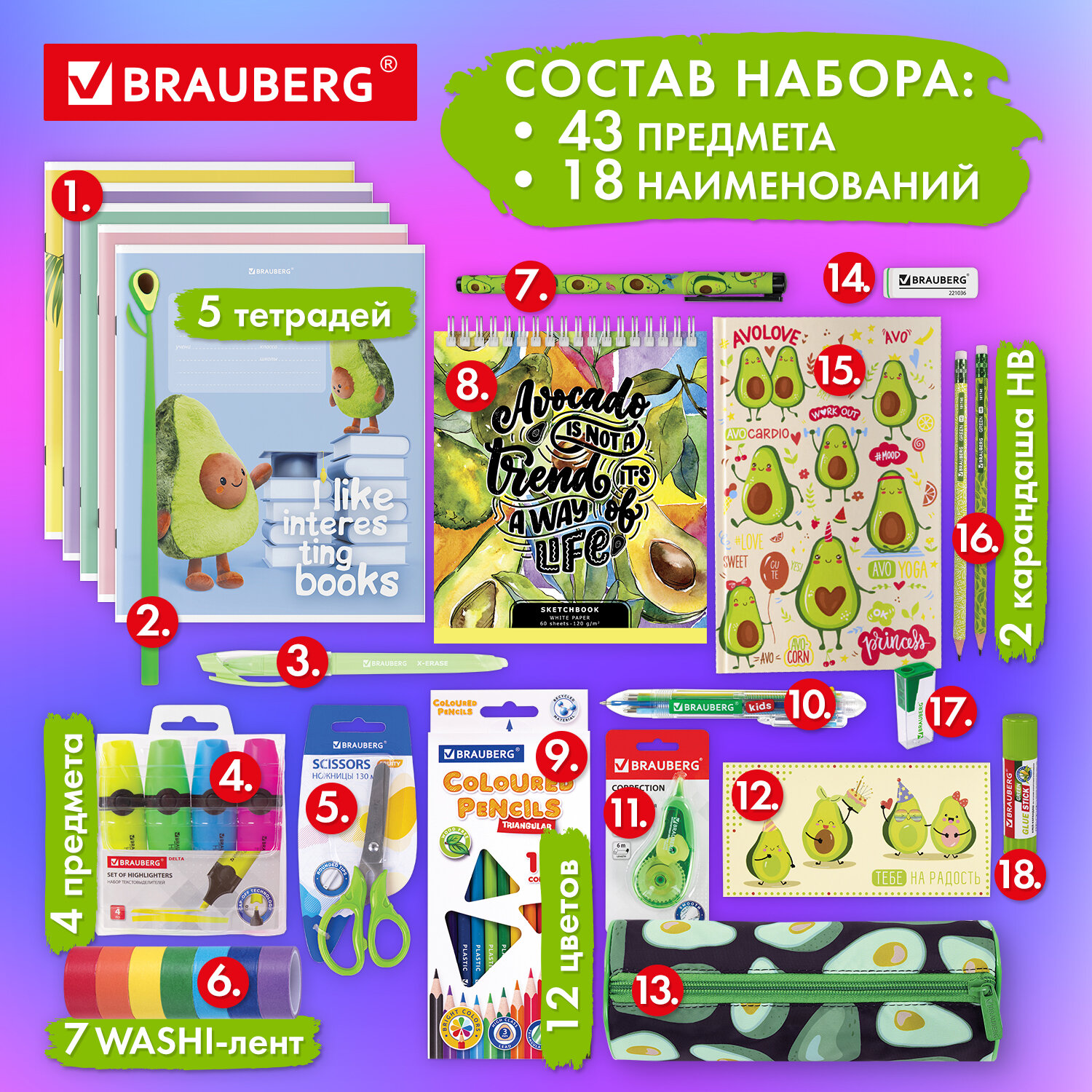 Набор канцелярии подарочный BRAUBERG AVOCADO, 18 наименований, 43 предмета, 880951