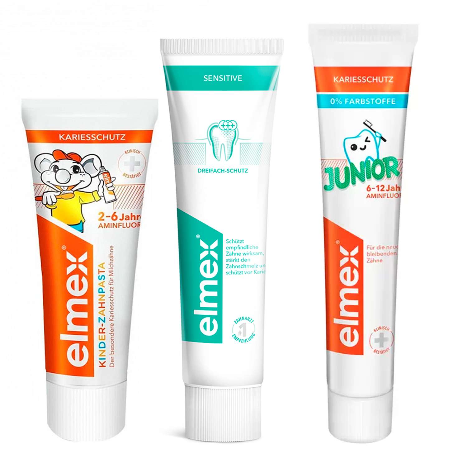 Набор зубных паст Elmex для детей 2-6 и 6-12 лет и взрослая сенситив плюс 3 шт. - фото 1