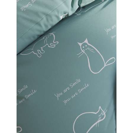 Комплект постельного белья Сказка. Котики мята 1.5-спальное с классической простыней перкаль