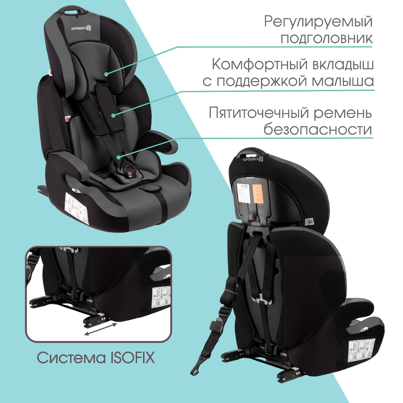 Автокресло Крошка Я Flex plus ISOFIX группа 1/2/3 9-36 кг (1-12 лет) Серый/Черный - фото 2