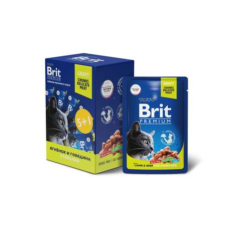 Корм для кошек Brit Premium стерилизованных ягненок и говядина в соусе 85г*5+1шт