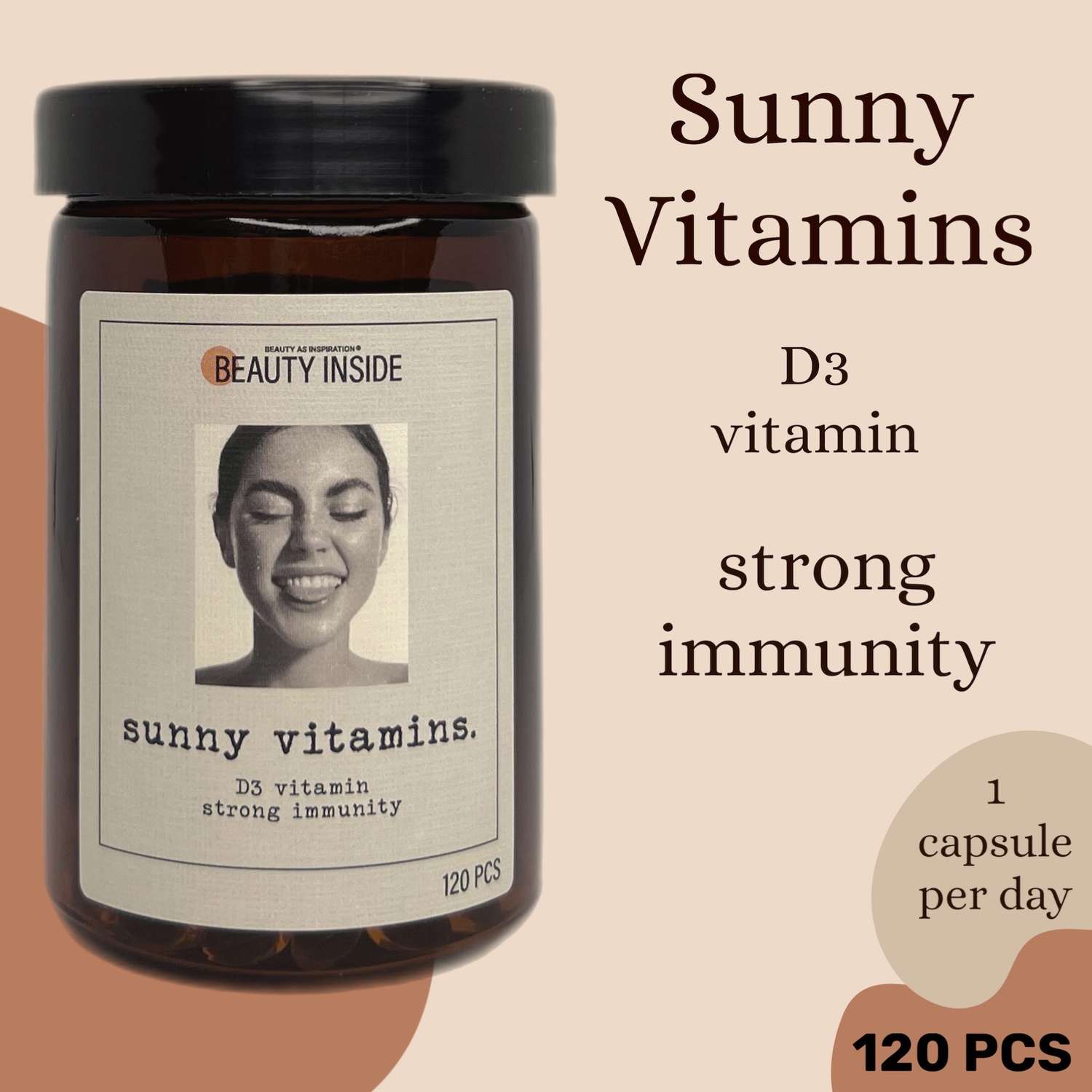 Биологически активная добавка BEAUTY INSIDE sunny vitamins. Капсулированный витамин D3 120 капсул - фото 1