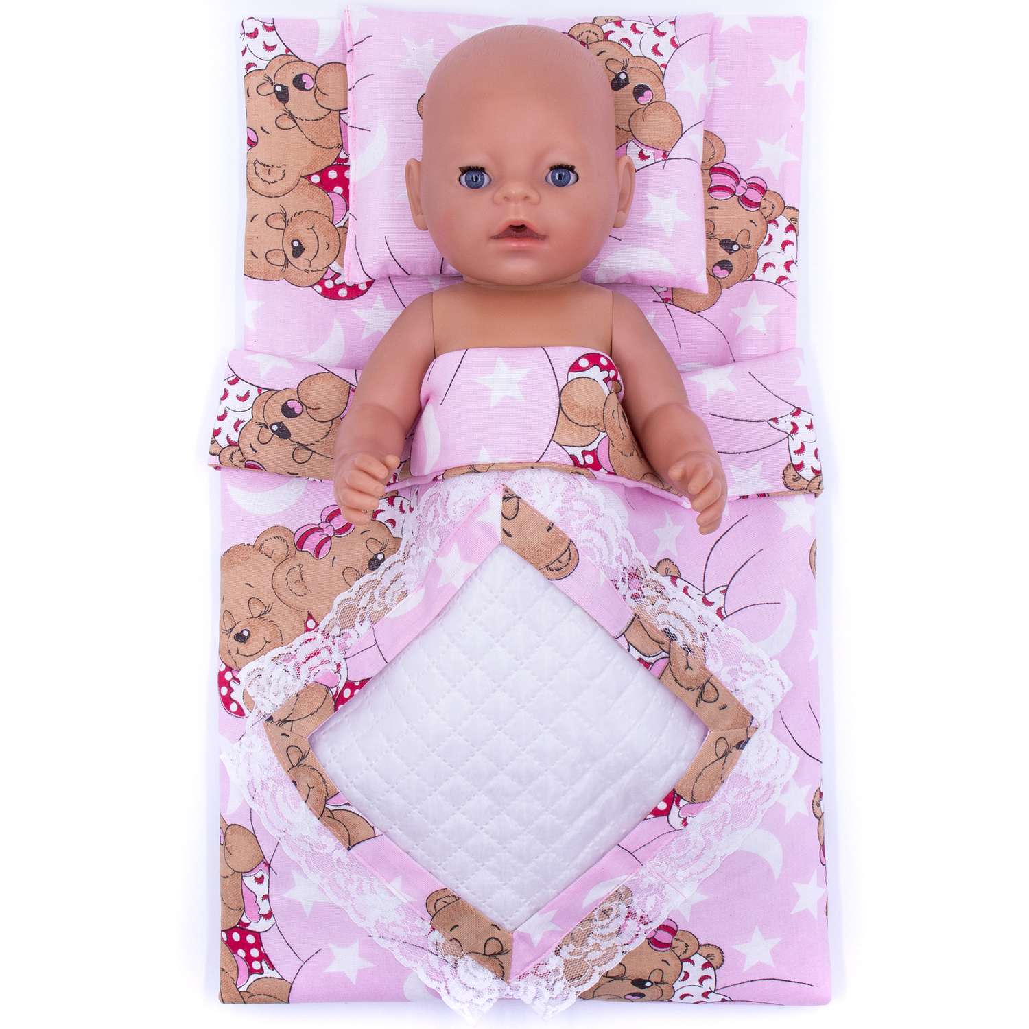 Комплект для пупса Модница 43-48 см: одеяло в пододеяльнике подушка и матрасик 6109 розовый-бежевый 6109розовый-бежевый - фото 7