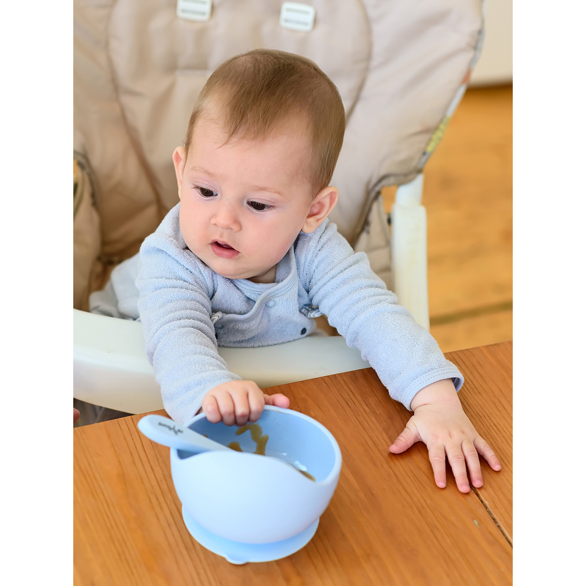 Набор для кормления Miyoumi Силиконовая тарелка на присоске + ложка - Baby blue - фото 3