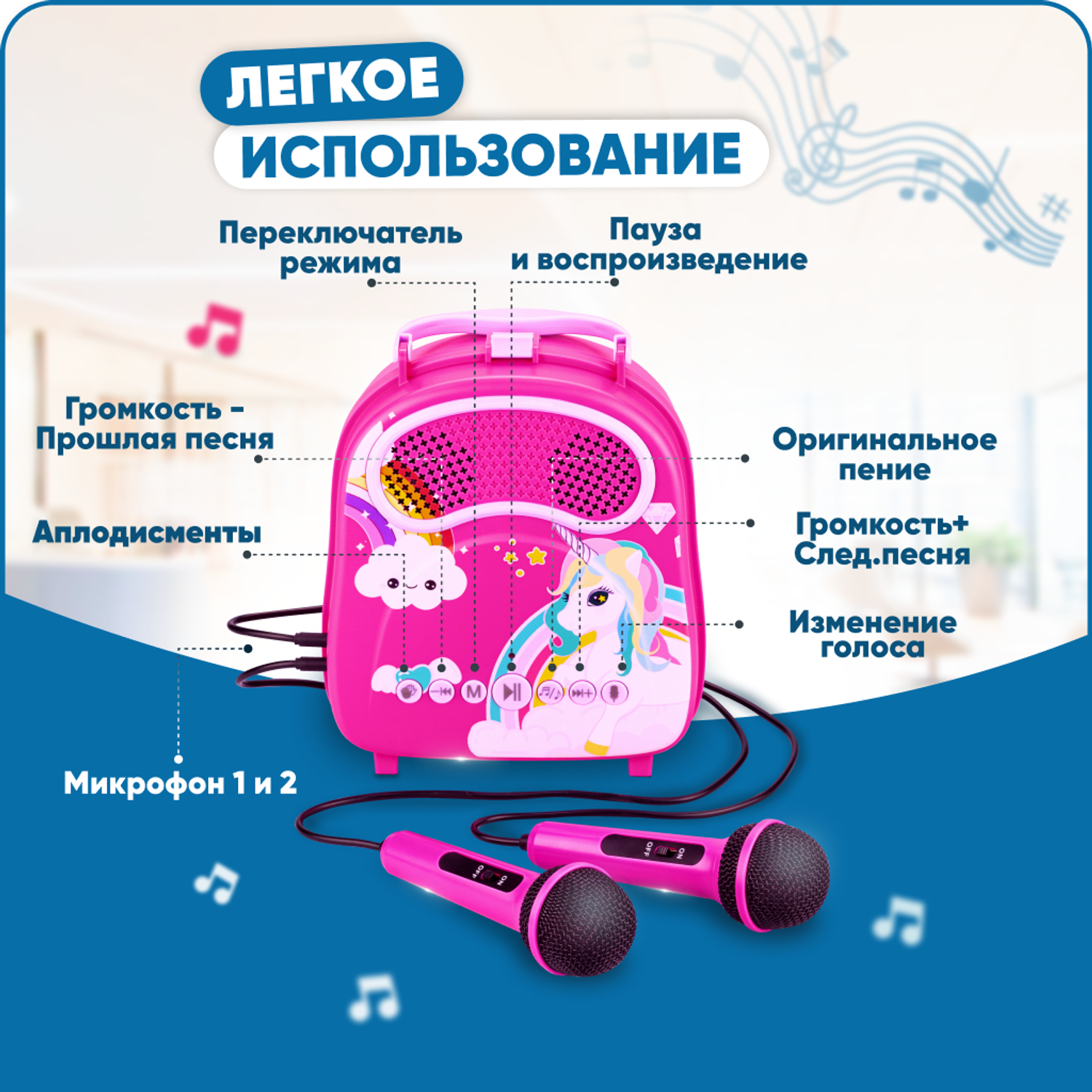 Караоке-рюкзачок для детей Solmax с микрофоном и колонкой Bluetooth розовый - фото 2