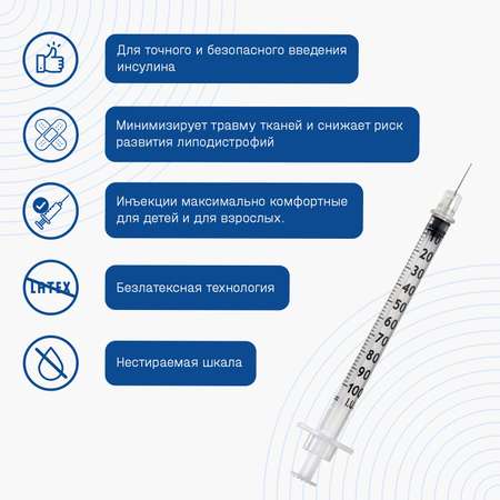 Шприц ADVANTA 1 мл U-100 с иглой 27G 100 шт одноразовый для введения инсулина