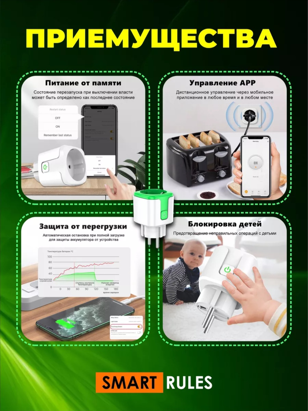 Умная розетка CatchNgo беспроводная WiFi 20А Green зелёная - фото 6