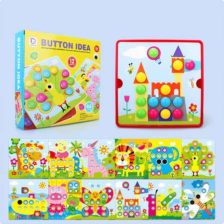 Развивающая игрушка NR-Toys мозаика крупная для малышей 12 трафаретов 46 кнопок павлин