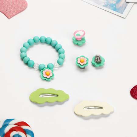 Комплект детский Выбражулька 5 предметов: 2 заколки клипсы браслет кольцо цветы