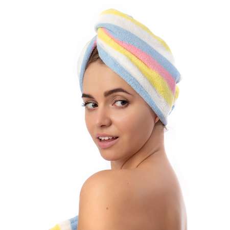 Тюрбан для сушки волос DeNASTIA микрофибра 25x65 см голубой/розовый/желтый/белый Q000008