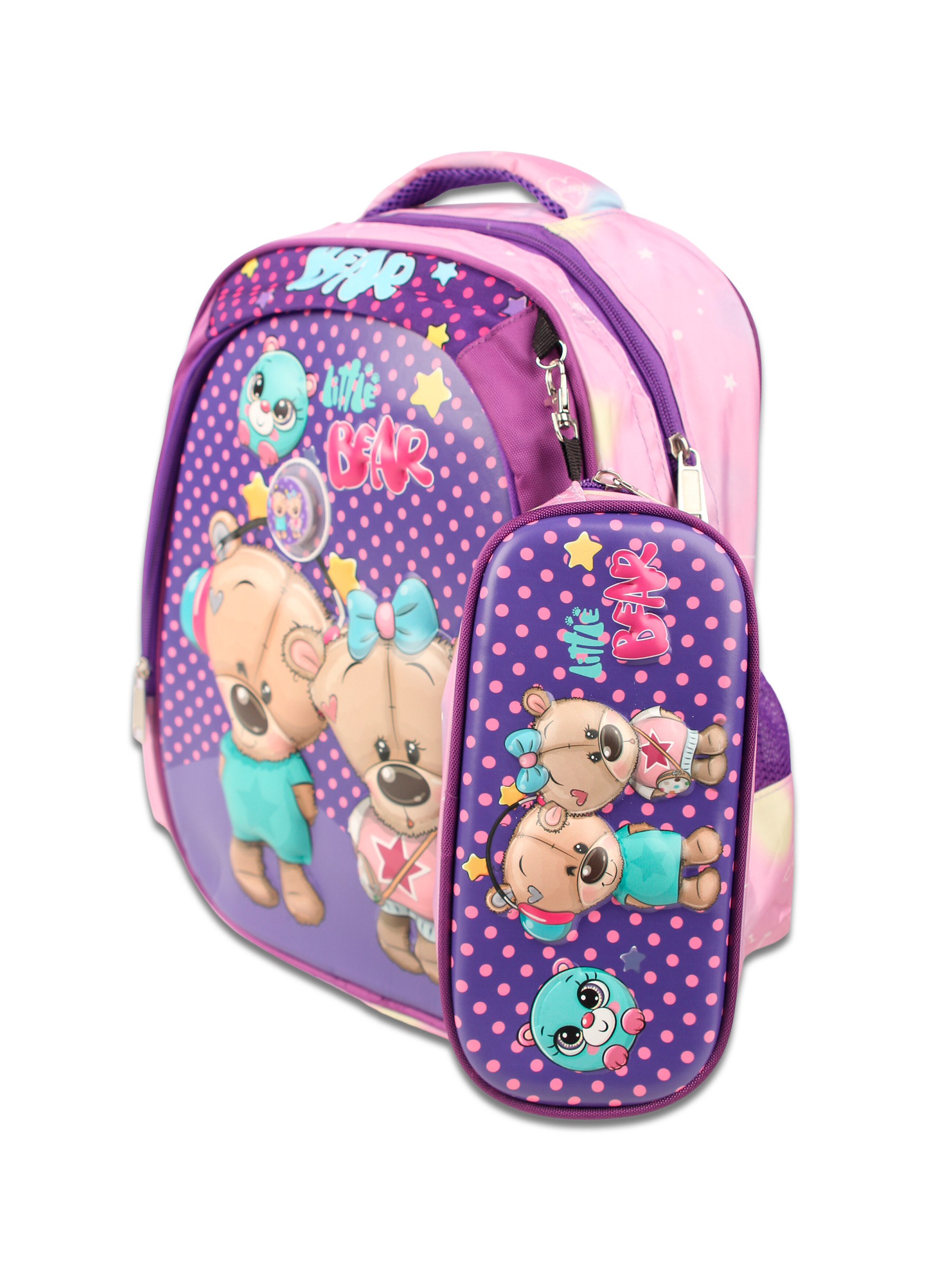 Рюкзак школьный с пеналом Little Mania Мишки фиолетовый - фото 1