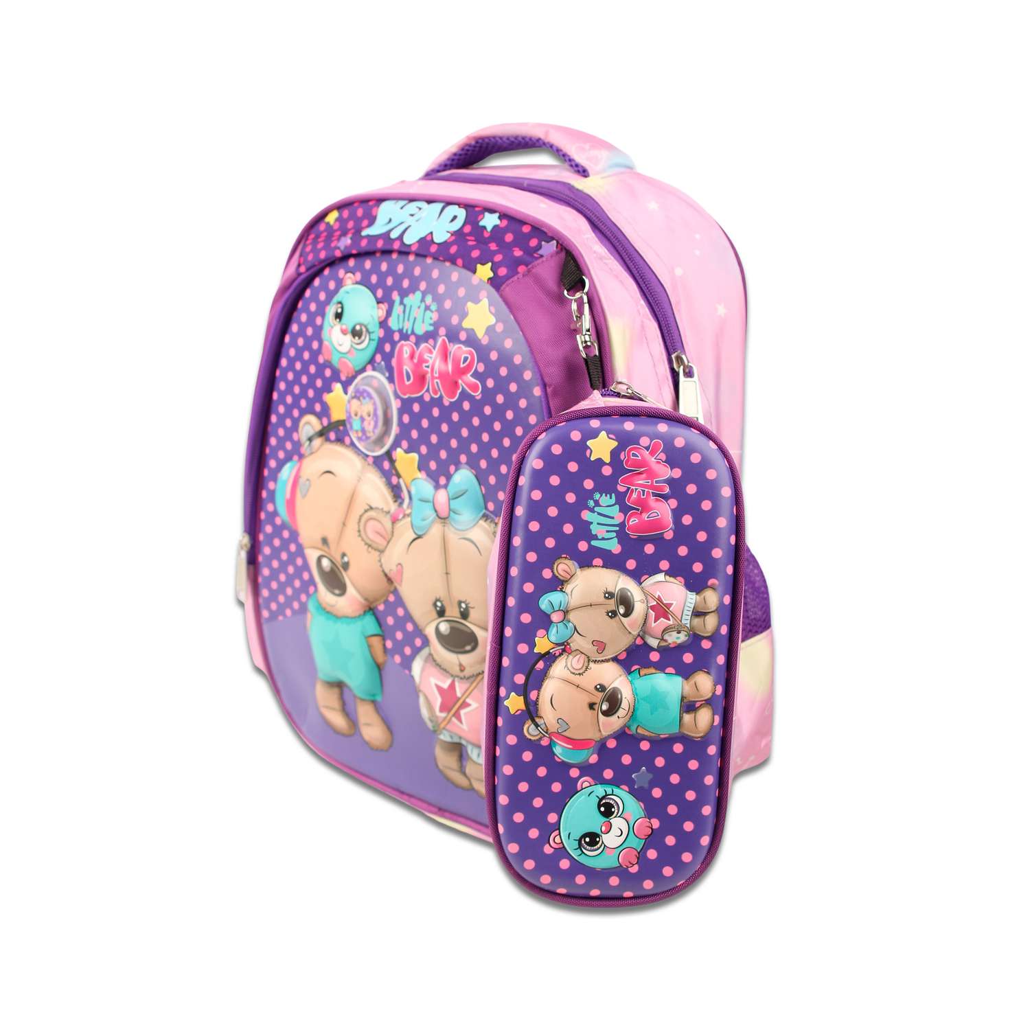 Рюкзак школьный с пеналом Little Mania Мишки фиолетовый - фото 1