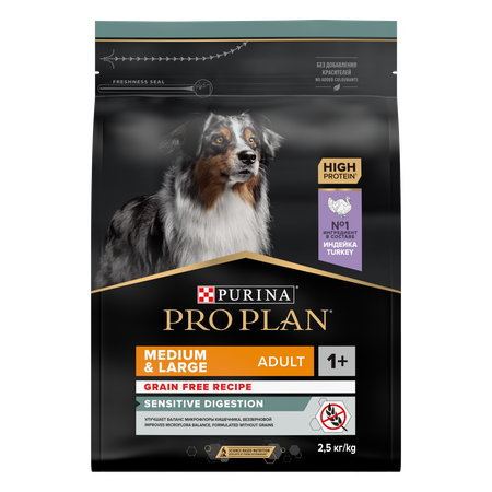 Корм для собак PRO PLAN средних пород с чувствительным пищеварением беззерновой индейка 2.5кг