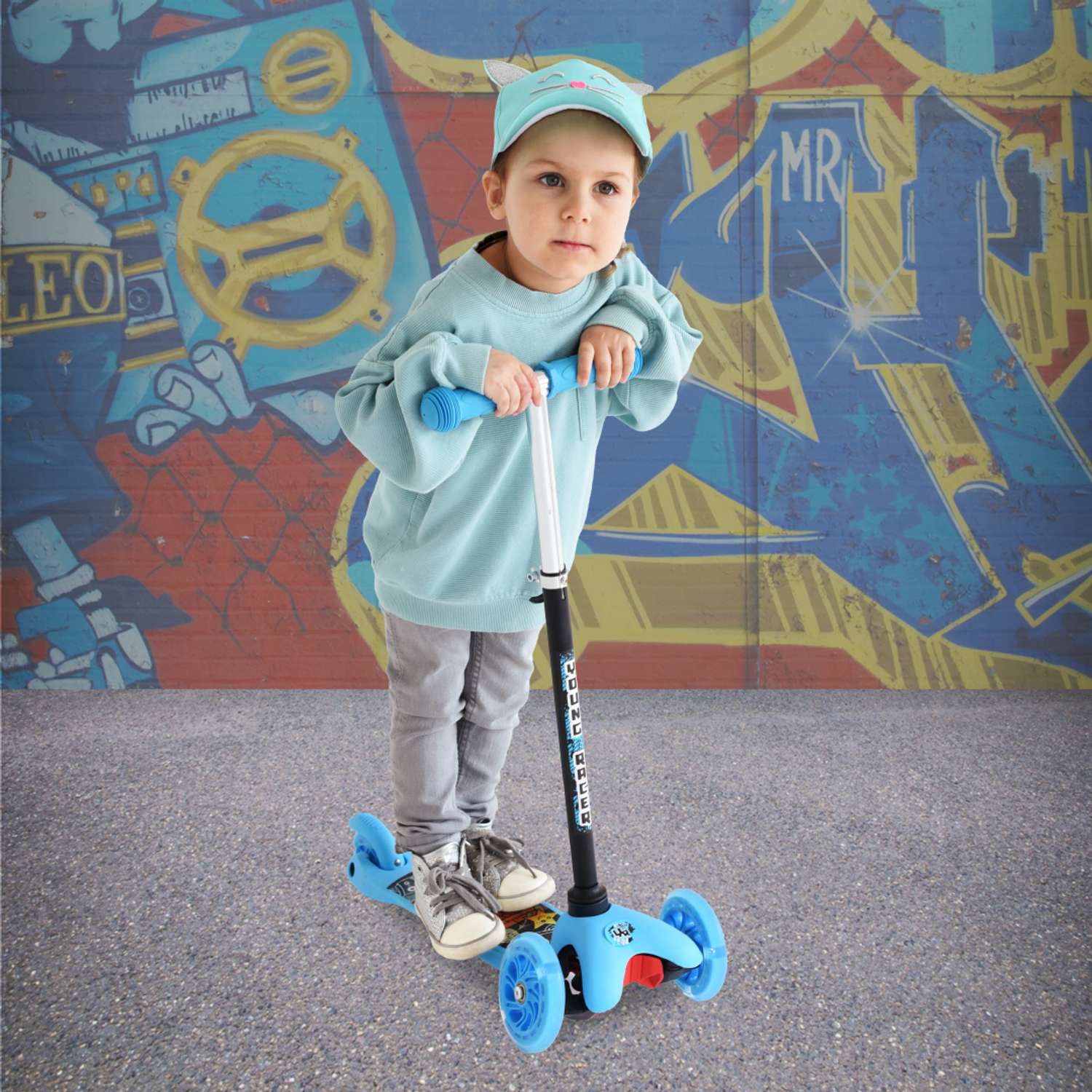 Самокат детский трехколесный YOUNG RACER светящиеся колеса синий - фото 6