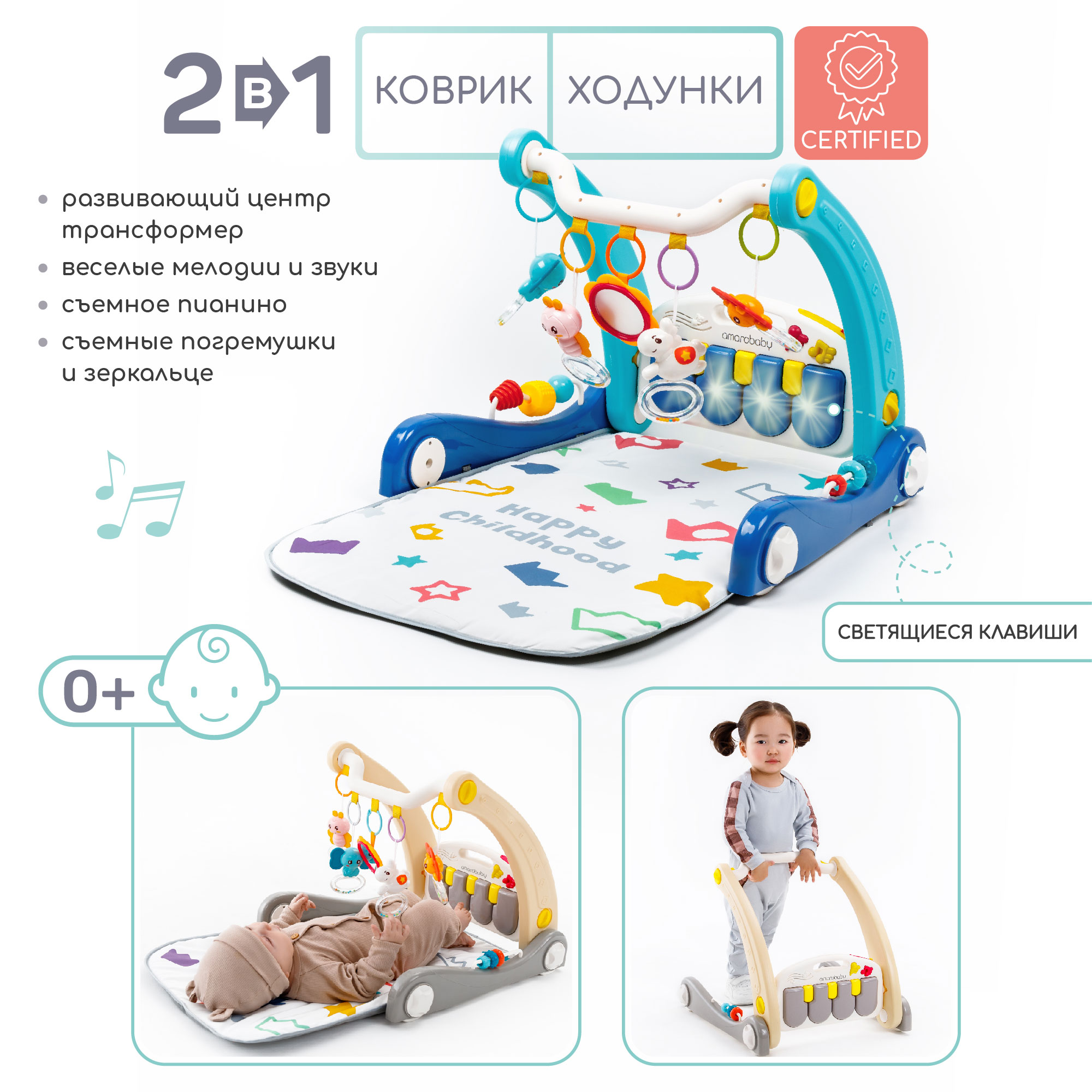 Ходунки с развивающим ковриком AmaroBaby Play Way 2 в 1 со встроенной игровой панелью синий - фото 2