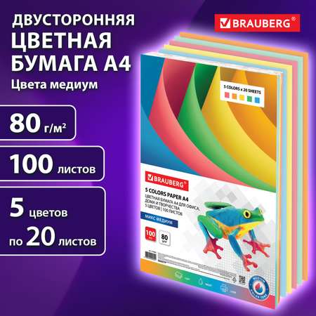 Бумага Brauberg цветная для принтера офисная А4 100л 5 цв 20 л