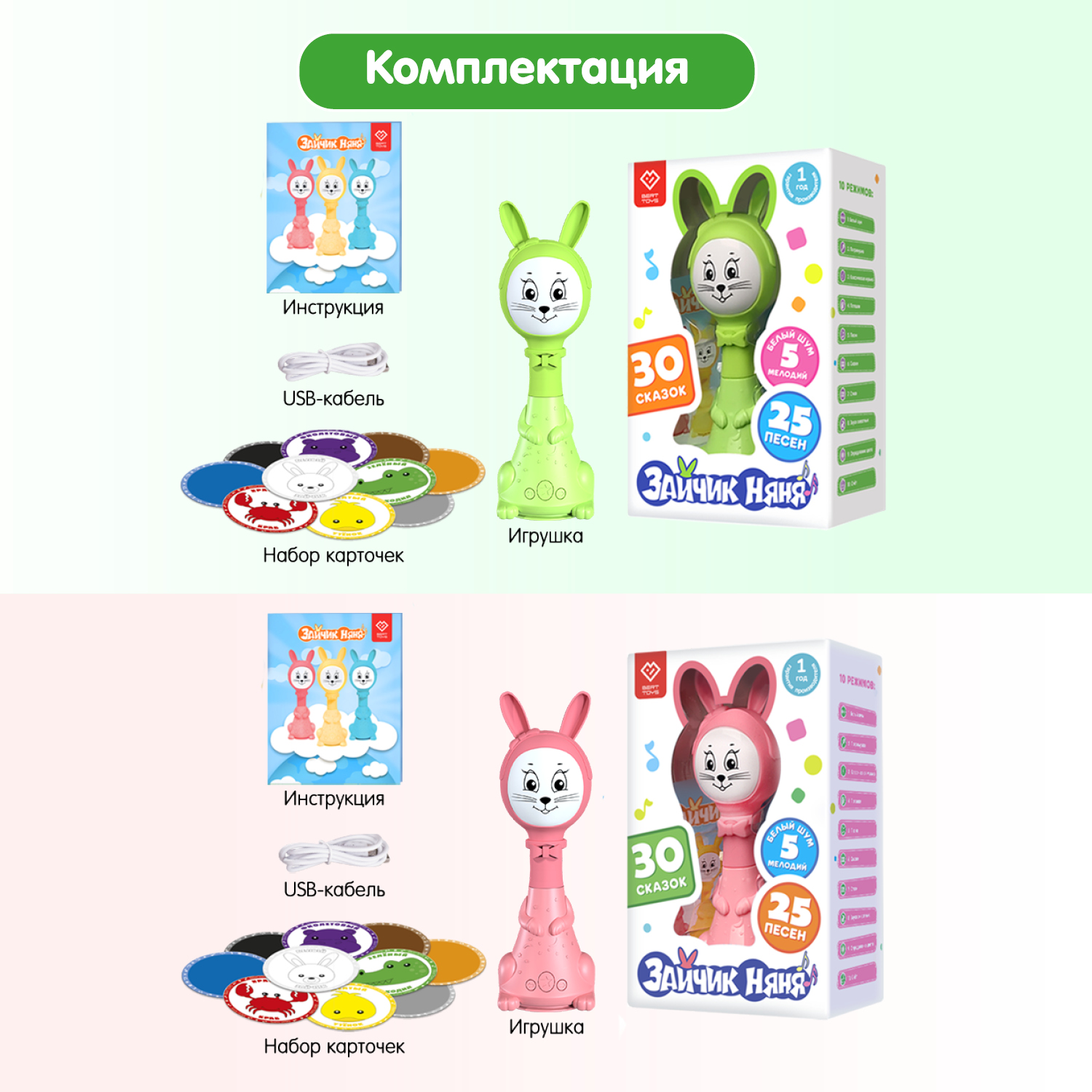 Набор из двух Зайчиков Няня BertToys 10 режимоа: зеленый + розовый - фото 12