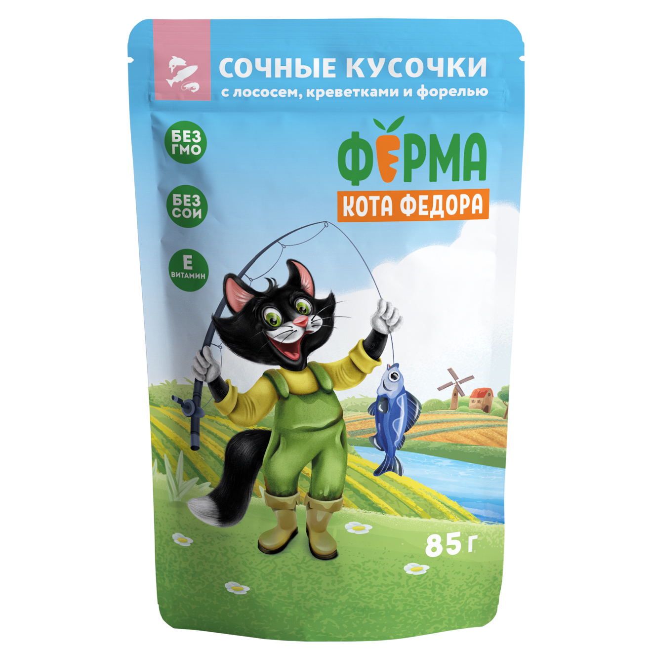 Корм для кошек Ферма кота Фёдора 85г рыбные кусочки с лососем креветками и форелью пауч - фото 1