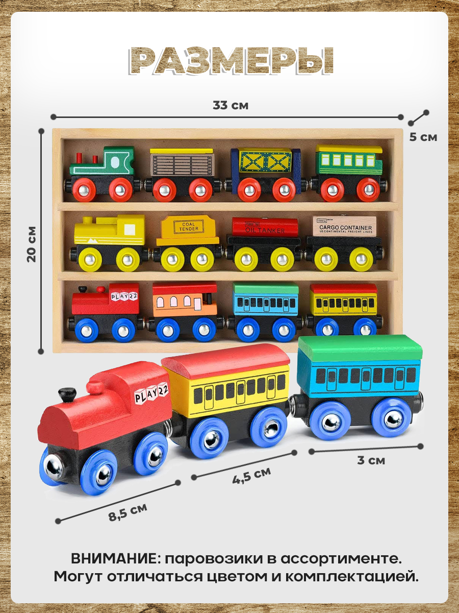 Набор поезд с вагонами А.Паровозиков 12 шт для деревянной дороги АП-008/ПЛ-0025 - фото 11