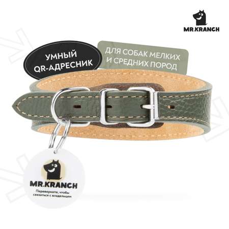 Ошейник-селедка для собак Mr.Kranch из натуральной кожи с QR-адресником 21-25см Оливковый