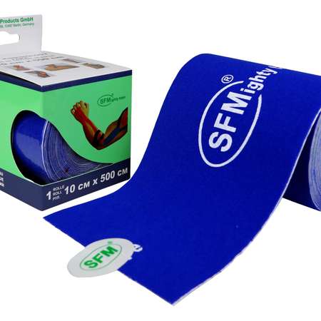 Кинезиотейп SFM Hospital Products Plaster на хлопковой основе 10х500 см синего цвета в диспенсере с логотипом