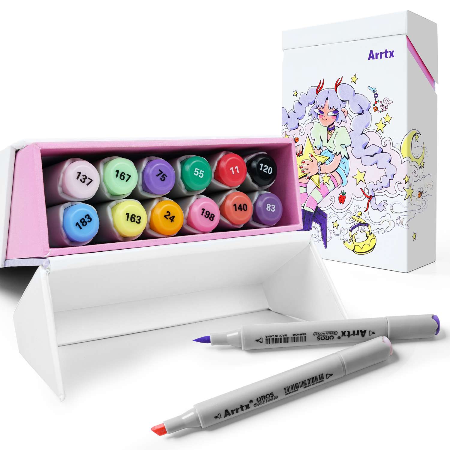 Набор маркеров для скетчинга Arrtx OROS Ree 12 цветов с наконечниками кисть и долото - фото 1