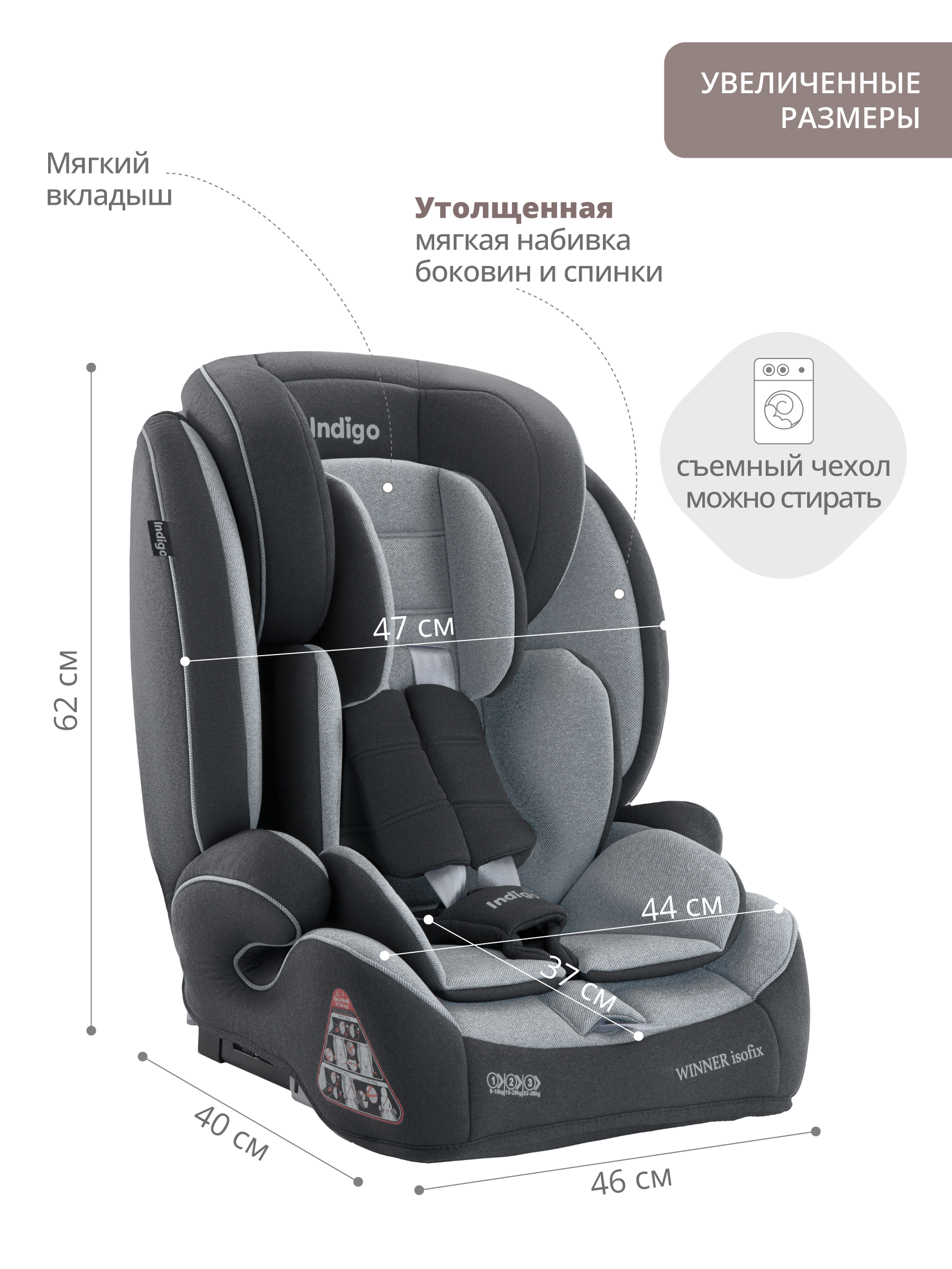 Автокресло бустер детское Indigo Winner isofix 9-36 кг группа 1/2/3 темно-серый светло-серый - фото 2