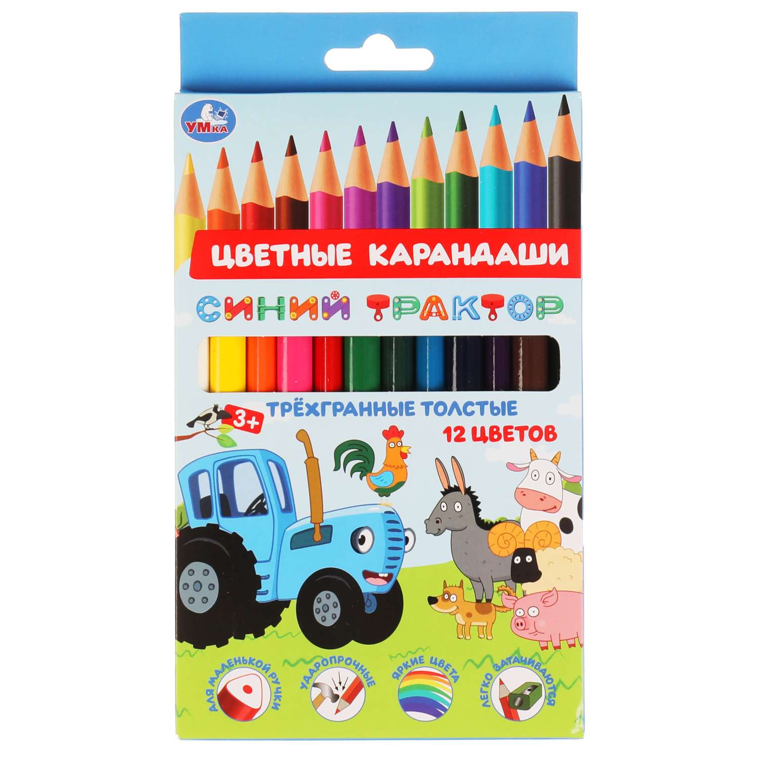 Цветные карандаши Умка Синий Трактор 12 цветов толстые 308490 - фото 1