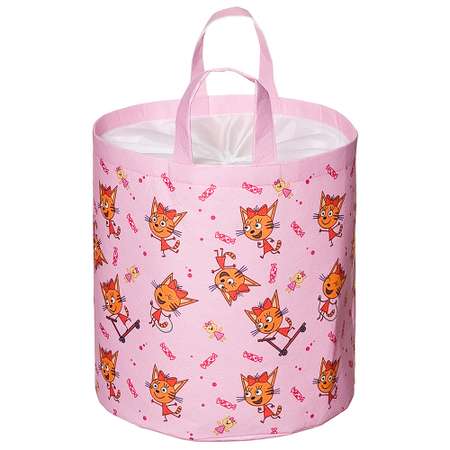 Корзина для хранения Три кота с затяжкой и ручками на розовом 33х35 см полиэстер