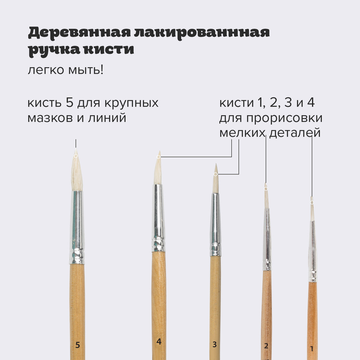 Кисти для акварели Пифагор и гуаши для рисования из ворса козы круглые набор 5 штук - фото 3