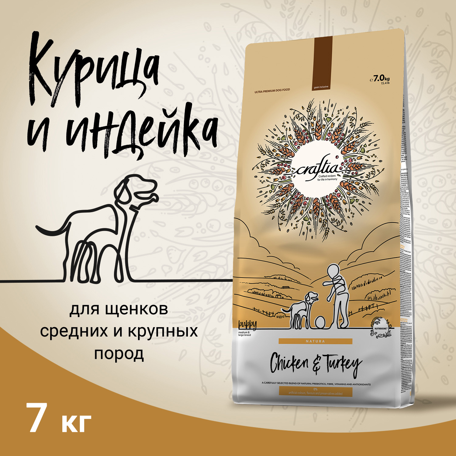 Корм для щенков, беременных и кормящих собак Craftia Natura 7кг средних и крупных пород из курицы и индейки сухой - фото 2