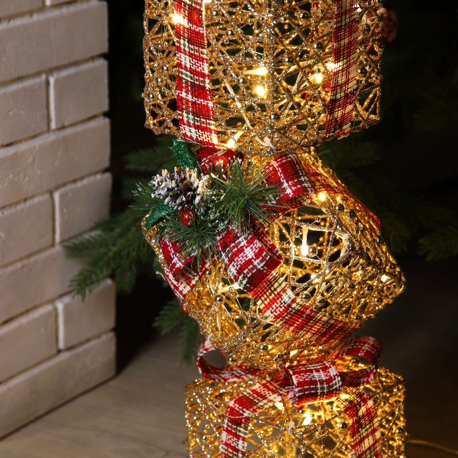 Светодиодная фигура Sima-Land «Башня из подарков» 15.5×80×15.5 см металл текстиль 220 В свечение тёплое белое - фото 3