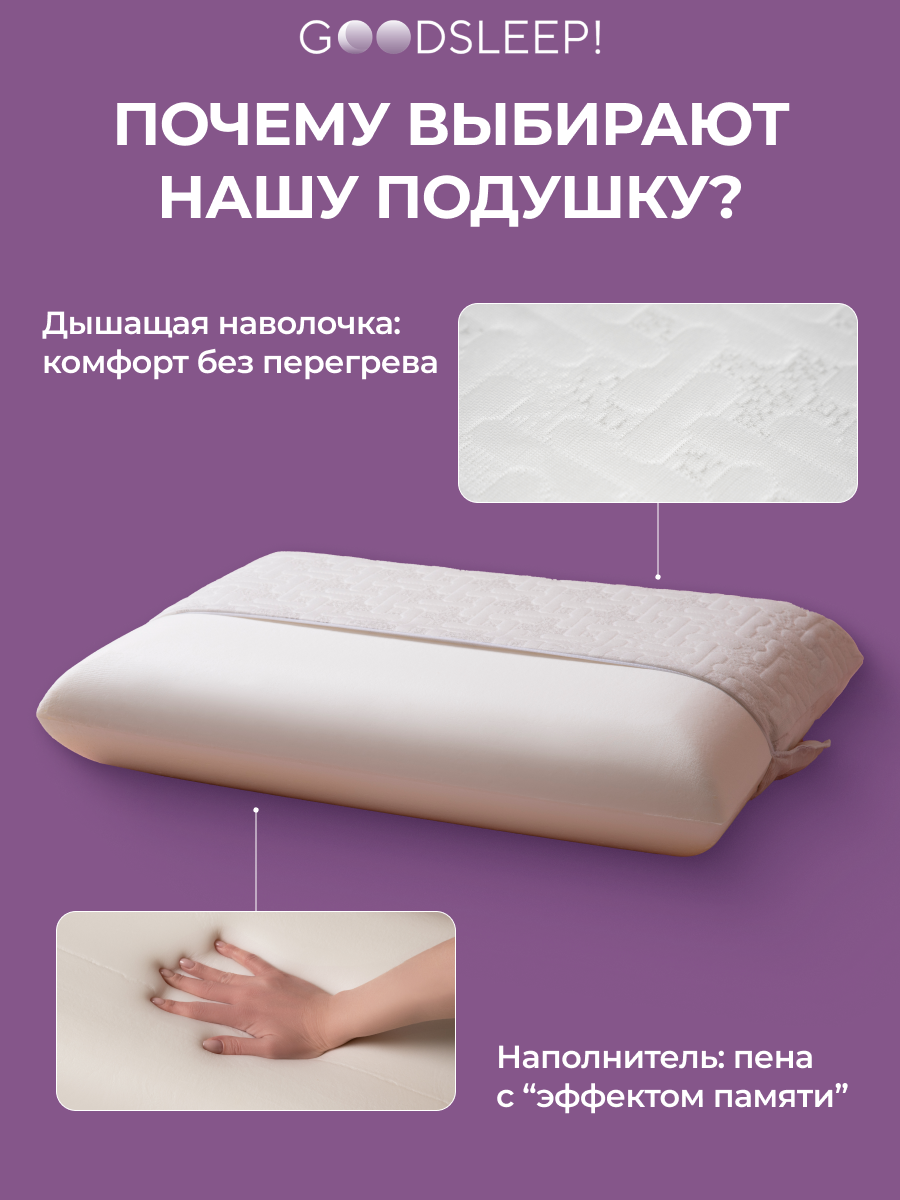 Ортопедическая подушка Goodsleep! Классической формы с эффектом памяти под голову - фото 5