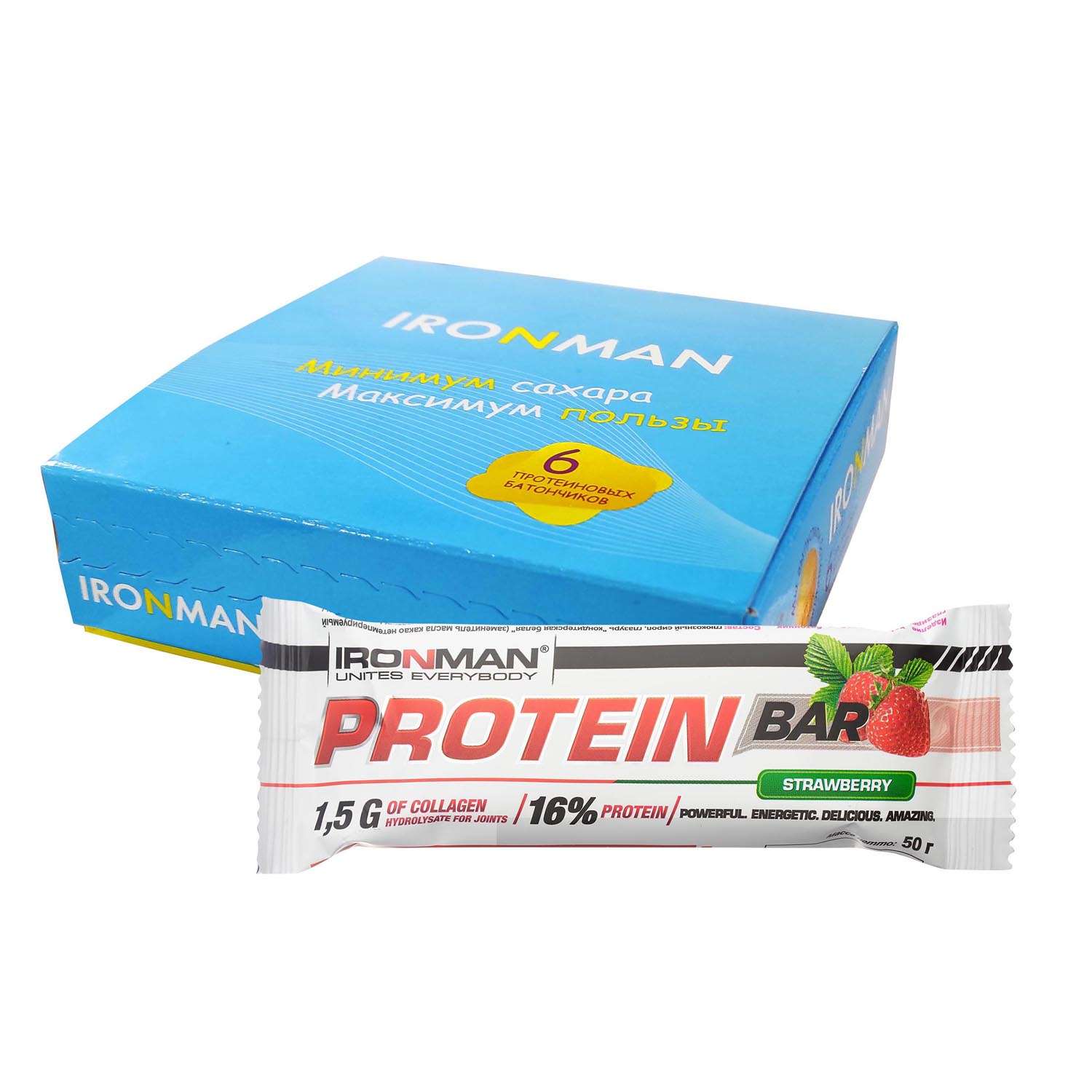 Протеиновый батончик IronMan Protein Bar клубника 6*50 г - фото 1