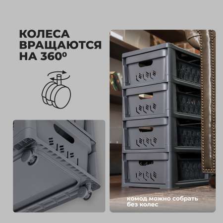 Комод на колесах Econova Deluxe 4 ящика 300х385х690 мм серый