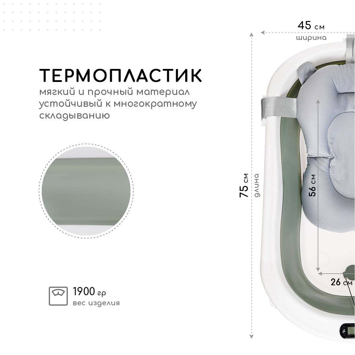 Ванночка для новорожденных Miyoumi с матрасиком и термометром складная - Sage - фото 5