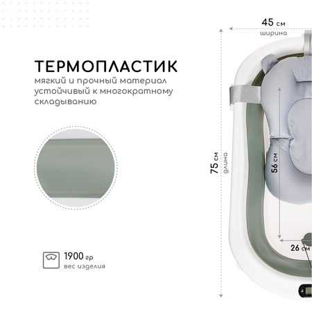 Ванночка для новорожденных Miyoumi с матрасиком и термометром складная - Sage