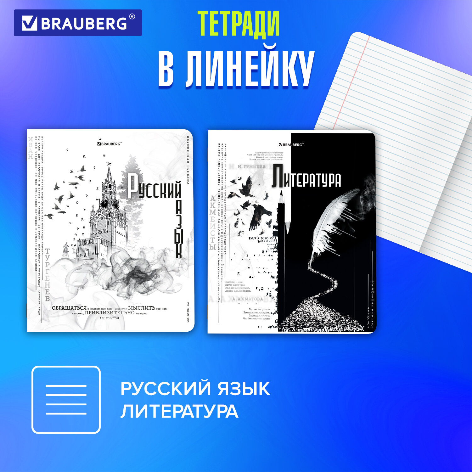 Тетради предметные Brauberg набор 48 листов в клетку и линейку 12 штук  купить по цене 1015 ₽ в интернет-магазине Детский мир