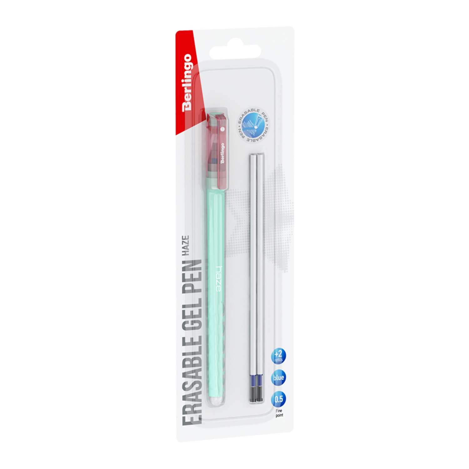 Ручка гелевая стираемая Berlingo Haze синяя +2 сменных стержня 0.5 мм прорезиненный зеленый корпус - фото 1