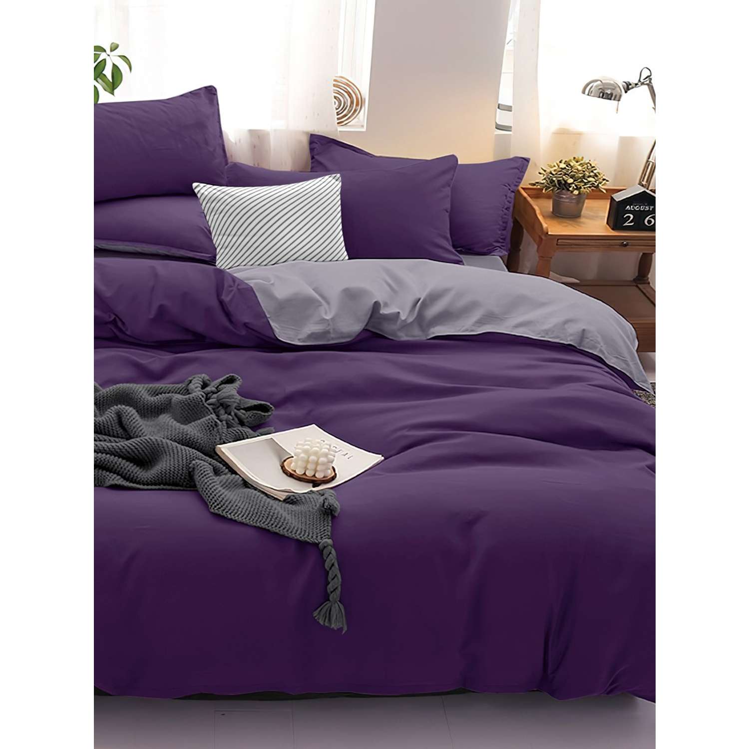 Комплект постельного белья PAVLine Манетти полисатин Евро темно-фиолетовый/серый S11 - фото 2