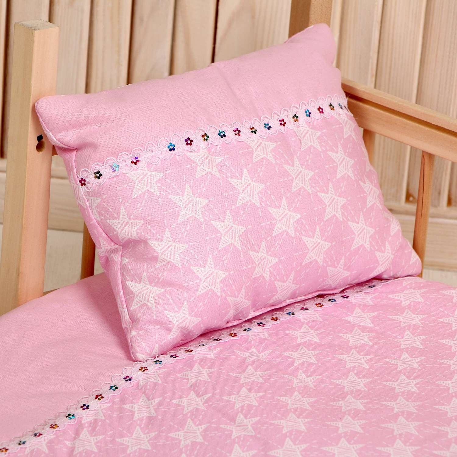 Кукольное постельное Страна карнавалия «Звезды на розовом» простынь одеяло 46х36 см подушка 23х17 см 9704386 - фото 2