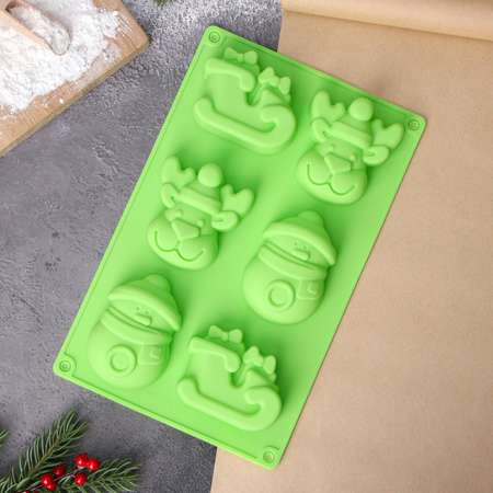 Форма Доляна силиконовая для выпечки «Новый год» 27×17×3 см 6 ячеек 8×7×3 см цвет зелёный