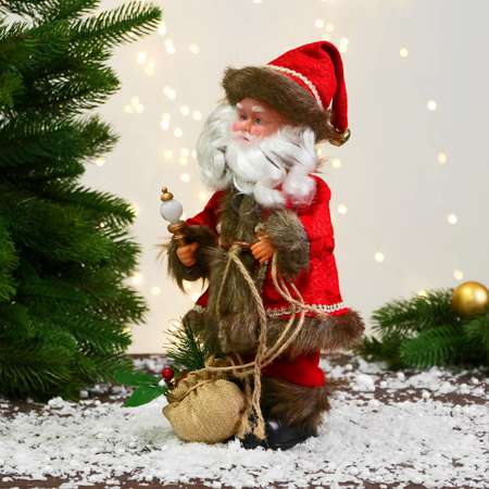 Дед мороз Зимнее волшебство «В кафтане с пуговицами и с мешком» 30 см двигается красно-коричневый