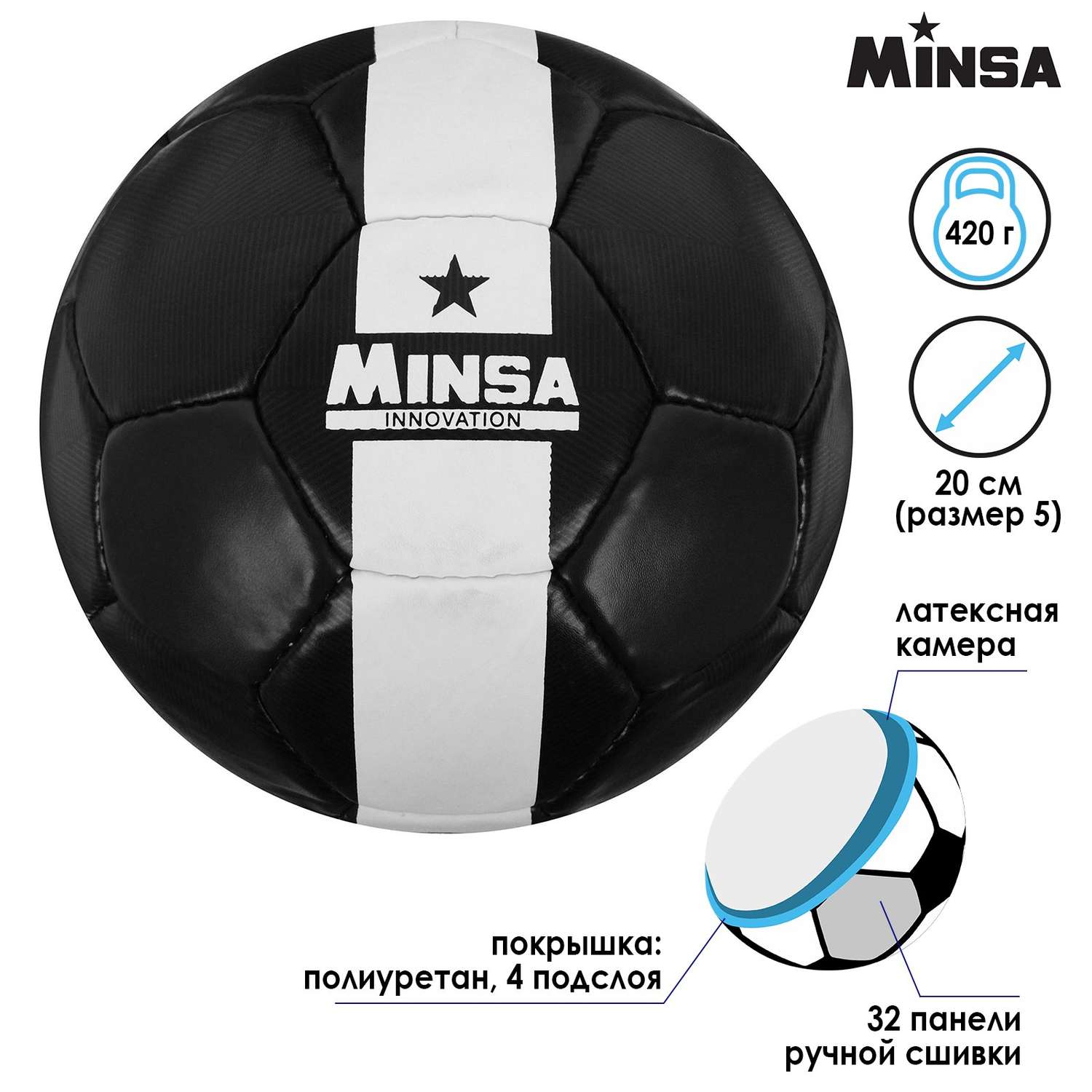 Мяч MINSA футбольный PU. ручная сшивка. 32 панели. размер 5. 420 г - фото 2