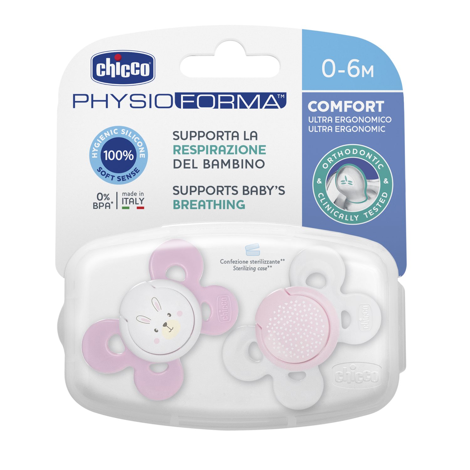 Пустышка CHICCO Physio Comfort 2шт 0-6мес силикон Pink рисунок белочка горошек - фото 1