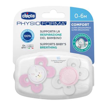 Пустышка CHICCO Physio Comfort 2шт 0-6мес силикон Pink рисунок белочка горошек